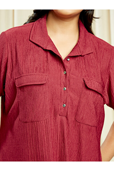 Globus By Styli Plus Size Maroon Buttoned Midi Dress