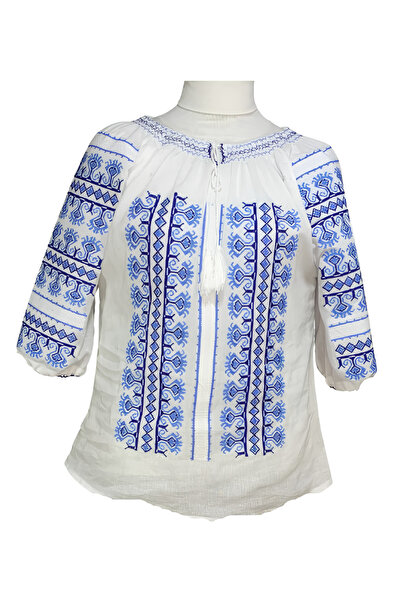 Inovius Bluza Tip Ie Alba cu Motiv Geometric Albastru - BMG86 3XL