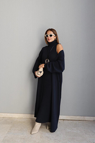 Purple by Banu Lacivert Triko Elbise Ceket Takım