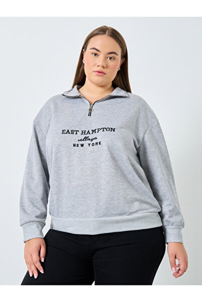 Styli Plus Size Grey Embroidered Hoodie