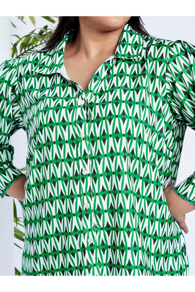 Globus By Styli Plus Size Green Printed Long Sleeve Shirt