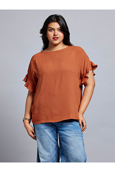 Globus By Styli Plus Size Rust Ruffle Sleeve Top
