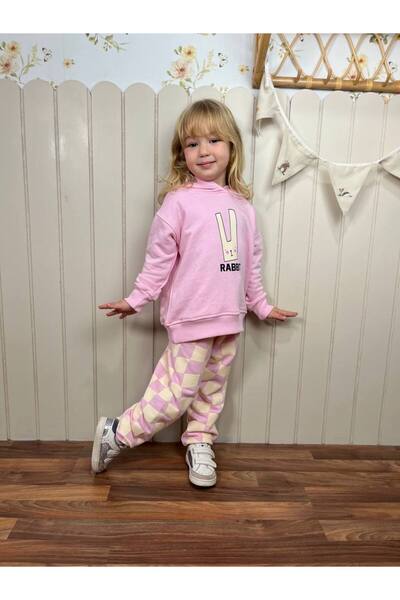 anonim Girl's Rabbit Printed Pink 3 Thread Bottom Top Set