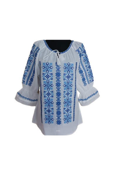 Inovius Bluza Tip Ie Traditionala Alba cu Motiv Geometric Albastru de Dama - ...