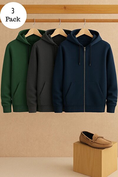 DAMGA JEANS Men's Casual Zippered Hooded 3-Piece Sweatshirt