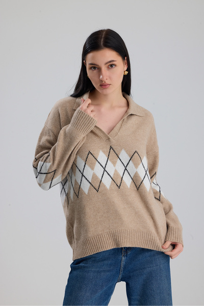 Figo Baklava Patterned Shirt Collar Women's Sweater