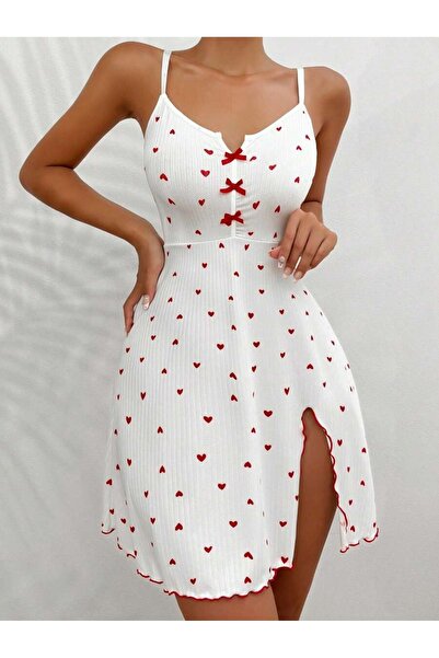 SİA LESS Women's Romantic Heart Patterned Elegant Strap Mini Nightdress White Heart Patterned Thong and Nightdress
