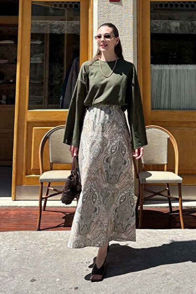 Ceylan Otantik Mink Ethnic Pattern Cotton Satin Flared Skirt