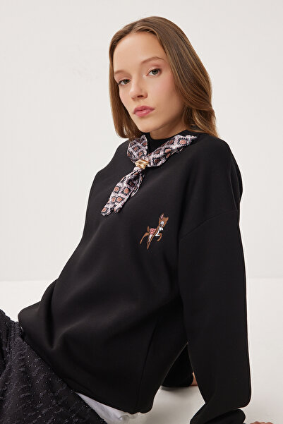 Lovelyİstanbul Πλεκτό φούτερ επένδυση fleece με λεπτομέρεια φουλάρι LPX0005 ΜΑΥΡΟ