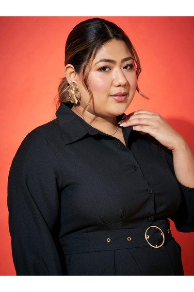 Sassafras By Styli Plus Size Black Shirt Belted Midi Dress