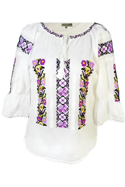 Inovius Ie Traditionala Alba cu Motiv Floral Mov de Dama - IMS06 XL