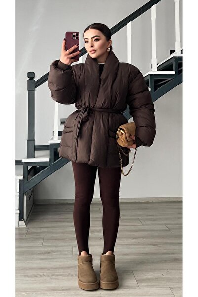 Oslove Coffee Double-Breasted belted puffer jacket