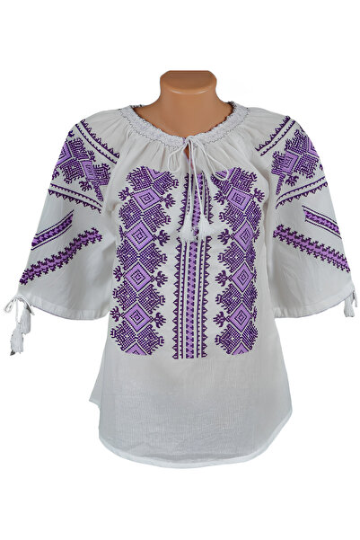 Inovius Bluza Tip Ie Traditionala Alba cu Motiv Geometric Mov de Dama - IMS43 M