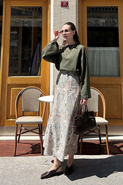 Ceylan Otantik Mink Ethnic Pattern Cotton Satin Flared Skirt