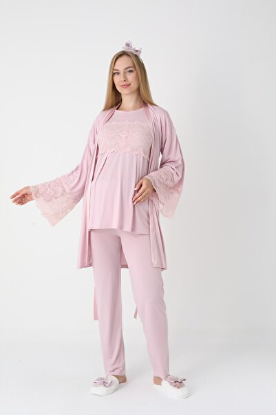 BLACKMORE Women's Salmon Special Lace Design Cotton Winter Maternity Pajama Set with Dressing Gown 3'