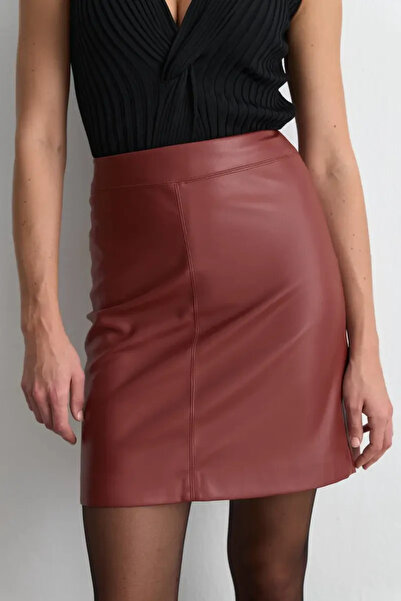 Gusto Suni Deri Mini Etek - Bordo