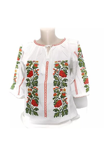 Inovius Bluza Tip Ie Traditionala Alba cu Motiv Floral Rosu de Dama - IMS81 3XL
