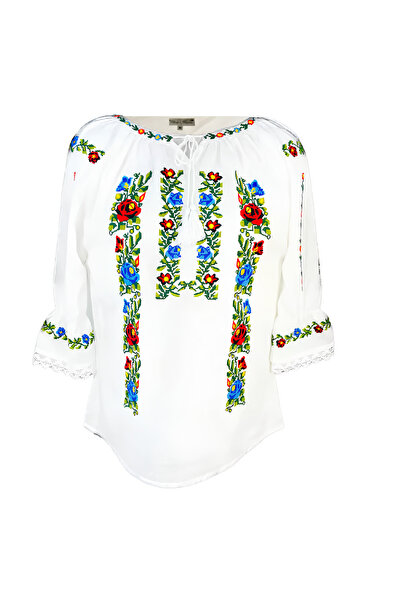 Inovius Παραδοσιακό λευκό φόρεμα με κόκκινο floral μοτίβο -IML12 L