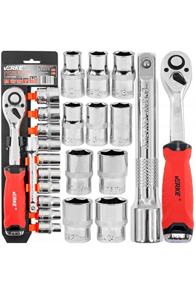 VERKE Set chei tubulare din crom-vanadiu, cu clichet, 12 piese,1/2,
