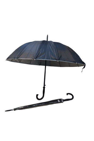 BLUEST SHOP Fiber Telli Dışı Siyah Içi Gümüş Renk Baston Şemsiye Unisex Şemsi...