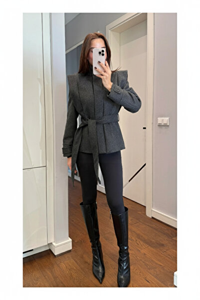 My Blog Anthracite Shoulder Pad Layered Jacket with Belt - 1001