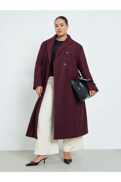 Styli Plus Size Burgundy Double Breasted Longline Coat