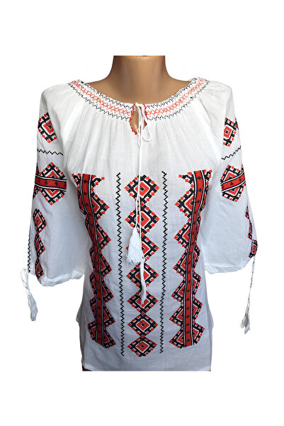 Inovius Bluza Tip Ie Traditionala Alba cu Motiv Geometric Rosu de Dama - IMS82 S