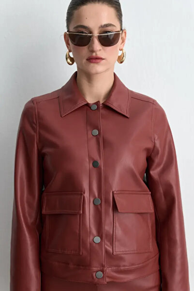 Gusto Faux Leather Jacket with Pockets - Burgundy