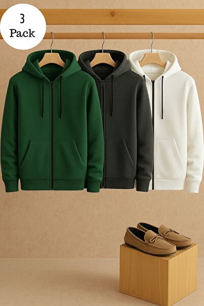 DAMGA JEANS Men's Casual Zippered Hooded 3-Piece Sweatshirt