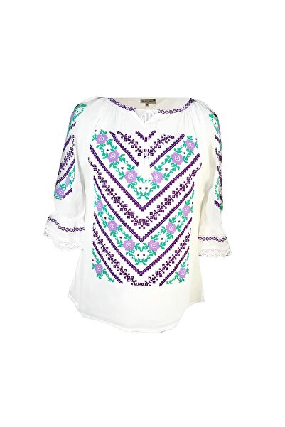 Inovius Традиционна бяла блуза с лилав флорален мотив за жени - IMS62 XXL