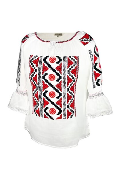 Inovius Bluza Tip Ie Traditionala Alba cu Motiv Geometric Rosu de Dama - IMS1...