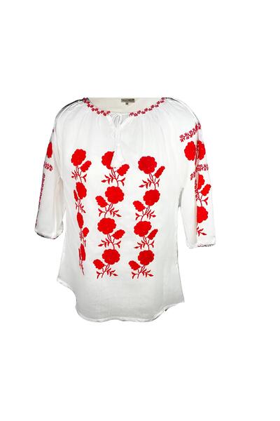 Inovius Ie Traditionala Alba cu Motiv Floral Rosu de Dama - IMS12 L