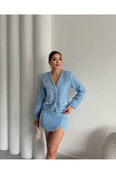 Siseniorita 2 Piece Cardigan Jacket and Asymmetric Skirt Set - Pearl String Details