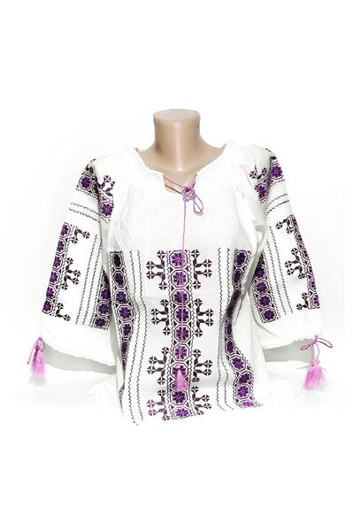 Inovius Παραδοσιακό λευκό φόρεμα με μοβ γεωμετρικό μοτίβο για γυναίκες - IMS1...