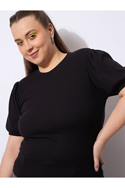 Sassafras By Styli Plus Size Black Ribbed Top with Puff Sleeves