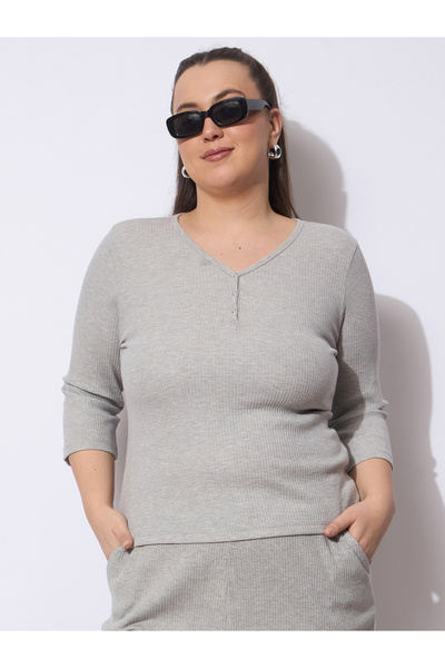 Sassafras By Styli Plus Size Grey Ribbed Top