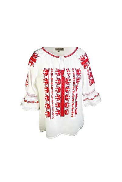 Inovius Bluza Tip Ie Traditionala Alba cu Motiv Geometric Rosu de Dama - IMS1...