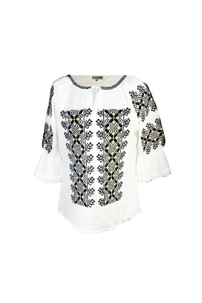 Inovius Bluza Tip Ie Traditionala Alba cu Motiv Geometric Negru de Dama - IMS...