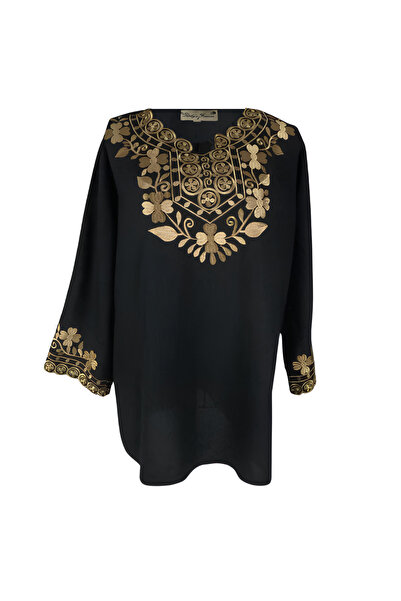 Inovius Bluza Tip Ie Neagra cu Motiv Floral Auriu - BMG08 XXL