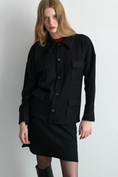 Gusto Wool Shirt Jacket with Pockets - Black
