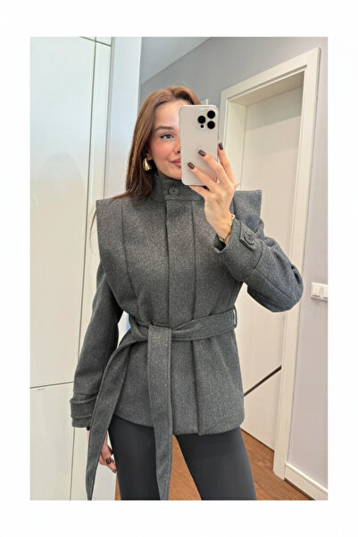 My Blog Anthracite Shoulder Pad Layered Jacket with Belt - 1001
