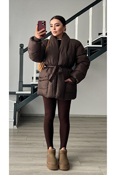 Oslove Coffee Double-Breasted belted puffer jacket