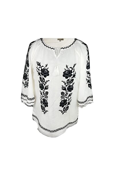 Inovius Bluza Tip Ie Traditionala Alba cu Motiv Floral Negru de Dama - IMS119...