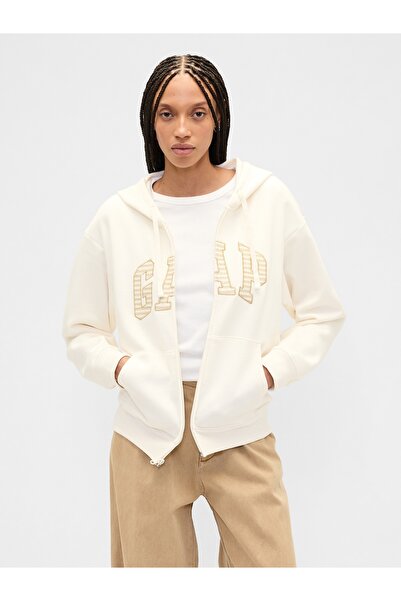 GAP Kadın Krem Logo Fleece Fermuarlı Sweatshirt