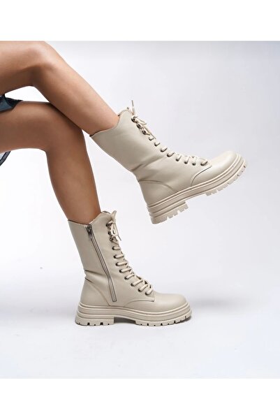 Ozzo Woman Kadın bağcıklı fermuarlı uzun postal bot çizme