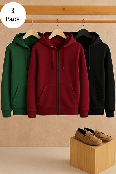 DAMGA JEANS Men's Casual Zippered Hooded 3-Piece Sweatshirt