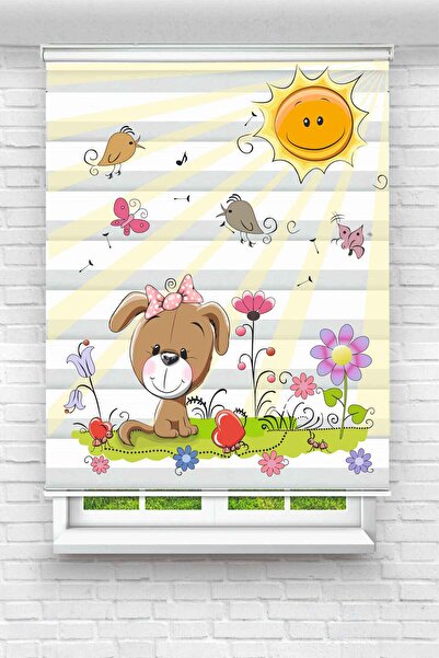 Yznhome Çiçek Bahçesinde Güneşli Gün Ayıcık Desenli Zebra Perde - YZN-179