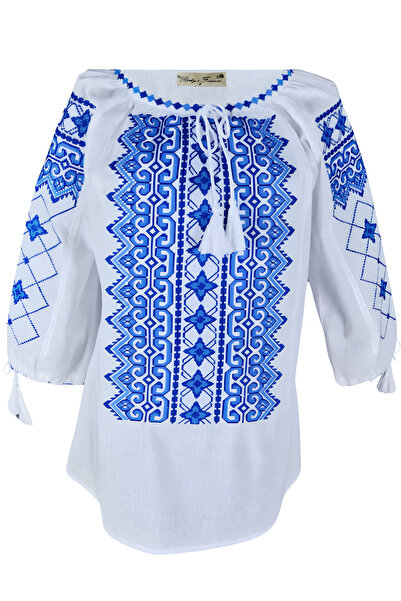 Inovius Bluza Tip Ie Alba cu Motiv Floral Albastru - BMG32 M