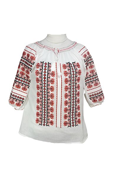 Inovius Bluza Tip Ie Traditionala Alba cu Motiv Geometric Rosu de Dama - IMS79 L