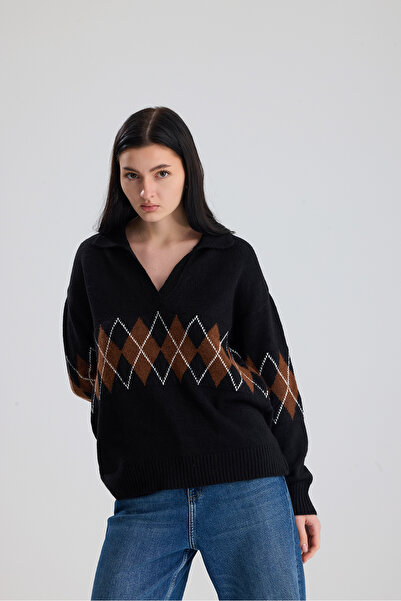 Figo Baklava Patterned Shirt Collar Women's Sweater